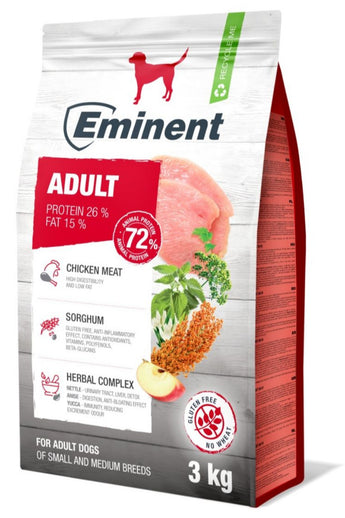 Eminent Dog Adult 3kg – kompletní krmivo pro dospělé psy, podporuje zdraví a vitalitu.