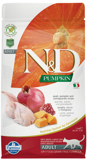 N&D GF CAT Pumpkin Quail & Pomegranate 1,5 kg - Bezobilné krmivo pro kočky s křepelkou a granátovým jablkem. Balení 1,5 kg.