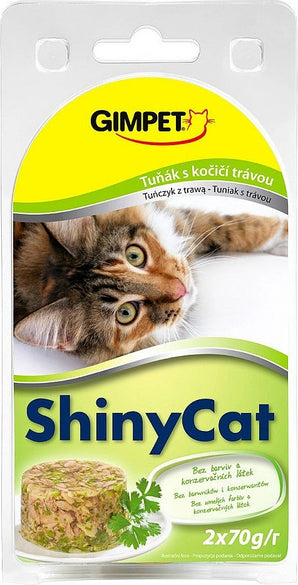 GimPet ShinyCat tuňák & kočičí tráva 2 x 70 g – Konzerva pro kočky s tuňákem a kočičí trávou, balení 2 x 70 g.