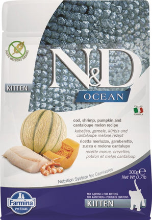 N&D OCEAN Kitten Cod & Shrimp & Pumpkin&Melon 300 g – Krmivo pro koťata s treskou, krevetami, dýní a melounem, balení 300g.