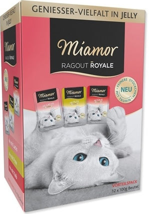 Miamor Ragout Royale Krůta Losos & Telecí v želé 12 x 100 g – Lahodné ragú pro kočky s krůtou, lososem a telecím, balení 12 x 100g.
