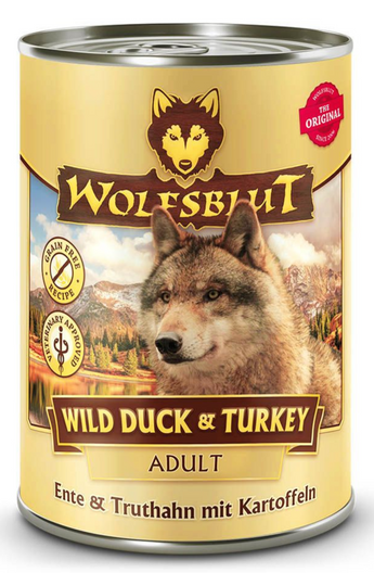 Konzerva Wolfsblut Dog Adult Wild Duck & Turkey s kachnou a krůtou pro dospělé psy, 395 g.