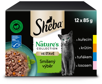 Sheba kapsa Nature Mix výběr 12x85g - Mix přírodních ingrediencí v želé, ideální pro kočky, které preferují zdravou a chutnou stravu.