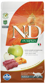 N&D GF Pumpkin CAT Venison & Apple 5 kg – Bezobilné krmivo pro dospělé kočky s jelením masem a jablky, balení 5kg.