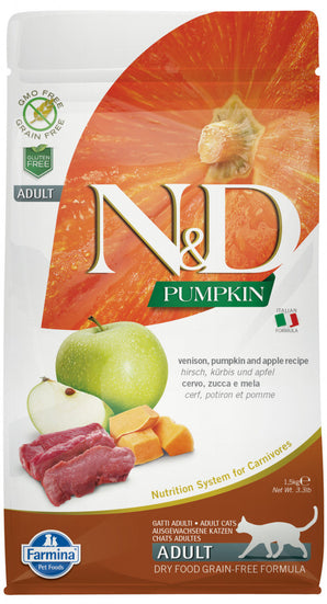 N&D GF Pumpkin CAT Venison & Apple 5 kg – Bezobilné krmivo pro dospělé kočky s jelením masem a jablky, balení 5kg.