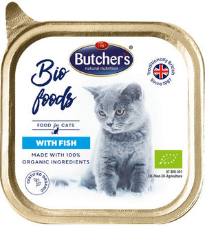 Butcher's Bio s rybou 85 g – Bio krmivo pro kočky s rybou, balení 85 g.