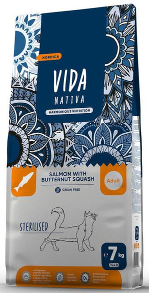Kraftia VIDA NATIVA CAT Adult Ster. Nord. Salmon 7 kg – Krmivo pro sterilizované kočky s norským lososem, balení 7 kg.