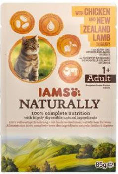 Iams Cat kuře & jehněčí v omáčce 85 g – Konzerva pro kočky s kuřecím a jehněčím masem, balení 85 g.