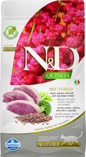 N&D Quinoa CAT Neutered Duck & Broccoli & Asparagus 1,5 kg – Krmivo pro kastrované kočky s kachnou, brokolicí a chřestem, balení 1,5 kg.
