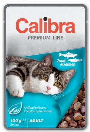 Calibra Premium Adult Trout & Salmon 100 g - Konzerva pro dospělé kočky s pstruhem a lososem. Balení 100 g.