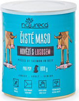 Konzerva pro psy NATURECA s hovězím a lososem, 800g balení.