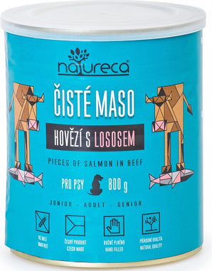 Konzerva pro psy NATURECA s hovězím a lososem, 800g balení.