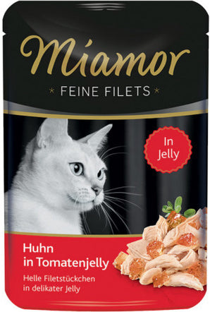 Miamor Filets Kuře & Rajče v želé 100 g – Konzerva s kuřecím masem a rajčetem v želé, balení 100 g.