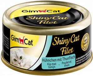 GimPet ShinyCat filet kuře s tuňákem 70 g – Konzerva pro kočky s kuřecím filetem a tuňákem, balení 70 g.