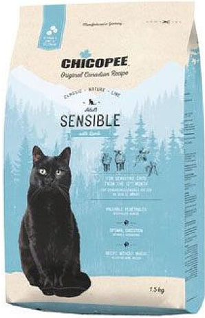 Chicopee Cat Adult Sensible Lamb 1,5 kg – Krmivo pro dospělé kočky s citlivým trávením, s jehněčím masem, balení 1,5 kg.