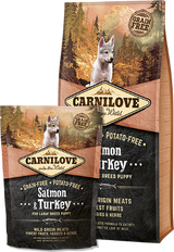 Carnilove Dog Salmon & Turkey for LB Puppies 12kg - lososové a krůtí krmivo pro velká štěňata, podpora zdraví a růstu.