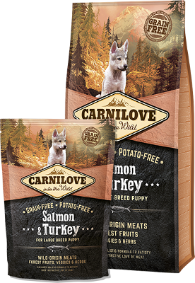 Carnilove Dog Salmon & Turkey for LB Puppies 12kg - lososové a krůtí krmivo pro velká štěňata, podpora zdraví a růstu.