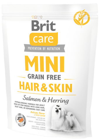 Brit Care Dog Mini Grain Free Hair & Skin 400g – Krmivo pro malé psy s podporou zdravé kůže a srsti, balení 400 g.