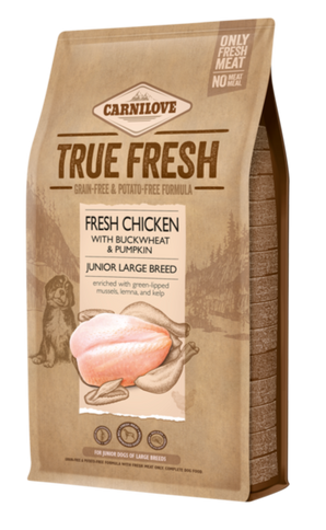 Carnilove Dog True Fresh Chicken Junior LB 4kg - krmivo s čerstvým kuřecím pro velká plemena štěňat, podpora růstu.