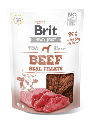 Brit Jerky Beef Fillets 80g - hovězí filé pro psy, přírodní pamlsek bohatý na bílkoviny.