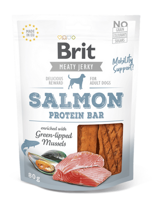 Brit Jerky Salmon Protein Bar 80g - proteinová tyčinka s lososem pro psy, podpora zdravé kůže a srsti.