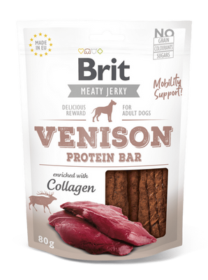 Brit Jerky Venison Protein Bar 200g - proteinová tyčinka se zvěřinou pro psy, podpora energie a zdraví svalů.