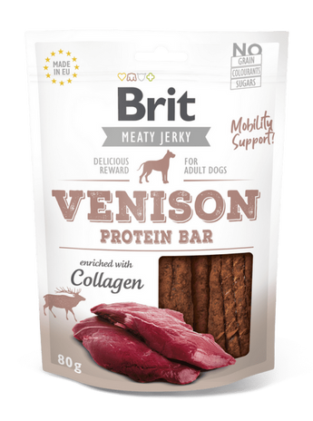 Brit Jerky Venison Protein Bar 80g - proteinová tyčinka se zvěřinou pro psy, podpora svalové hmoty a energie.