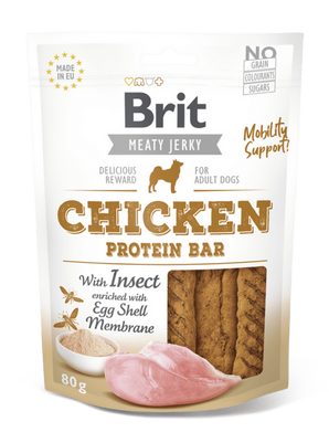 Brit Jerky Chicken with Insect Protein Bar 80g - proteinová tyčinka s kuřetem a hmyzem pro psy, podpora imunity.