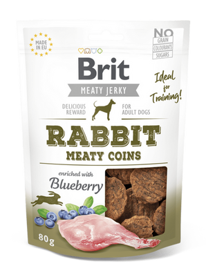 Brit Jerky Rabbit Meaty Coins 80g - plátky z králičího masa pro psy, bohaté na bílkoviny a minerály.