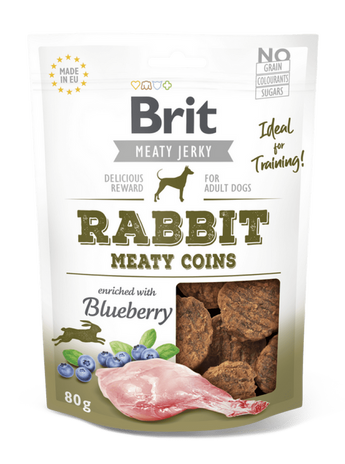 Brit Jerky Rabbit Meaty Coins 80g - plátky z králičího masa pro psy, bohaté na bílkoviny a minerály.