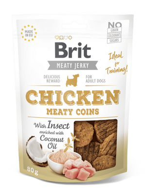 Brit Jerky Chicken with Insect Meaty Coins 80g - plátky z kuřete a hmyzu, zdravý pamlsek pro psy.