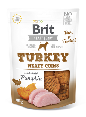 Brit Jerky Turkey Meaty Coins 80g - plátky z krůtího masa pro psy, lahodný pamlsek podporující zdravou stravu.