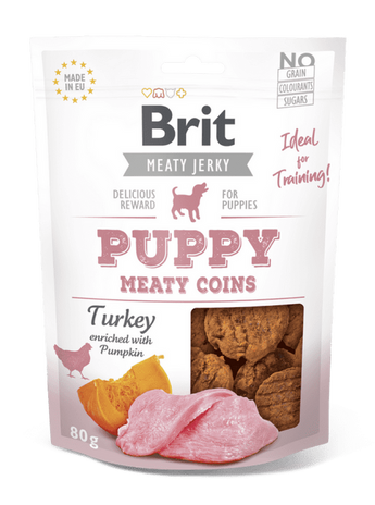 Brit Jerky Puppy Turkey Meaty Coins 80g - krůtí plátky pro štěňata, podporující růst a zdraví kostí.