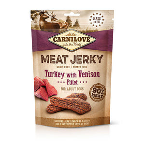 Carnilove Dog Jerky Venison&Turkey Fillet 100g - jerky pamlsky s jelením a krůtím masem, podporují svaly a klouby.