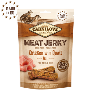 Carnilove Dog Jerky Quail&Chicken Bar 100g - jerky pamlsky s křepelkou a kuřetem, podpora zdraví a chuti.