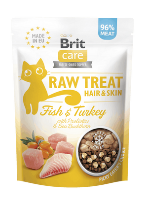 Brit Raw Treat Cat Hair&Skin, Fish&Turkey 40g - pamlsky s rybou a krůtím masem pro zdravou srst a kůži.
