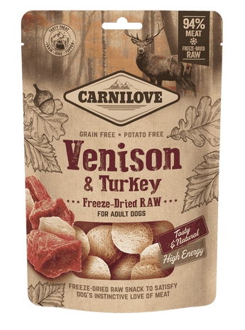 Carnilove Raw Freeze-Dried Snacks Venison&Turkey 60g – Mrazem sušené pamlsky pro psy s jelením a krůtím masem, balení 60g