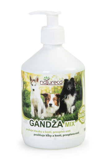Mix pamlsků pro psy NATURECA Gandža Mix 500ml v plastové dóze.