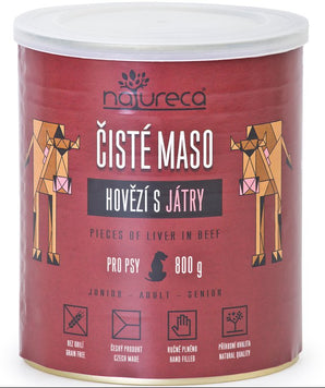 Konzerva pro psy NATURECA s hovězím masem a játry, 800g.