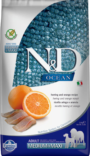 N&D OCEAN DOG Adult M/L Herring & Orange, 2,5 kg, výživné krmivo pro psy.