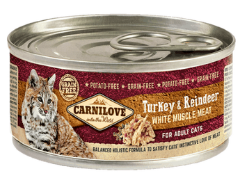 Carnilove White konz Mus Meat Turkey&Reindeer Cats 100g – Konzerva pro kočky s krůtím a sobím masem, balení 100g
