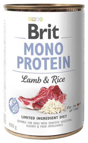 Brit Dog konz Mono Protein Lamb & Brown Rice 400g - jehněčí a hnědá rýže v konzervě pro psy, podpora trávení.
