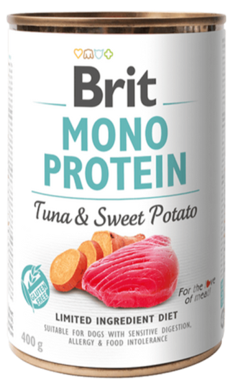 Brit Dog konz Mono Protein Tuna & Sweet Potato 400g - konzerva s tuňákem a batáty, hypoalergenní složení pro psy.