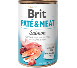 Brit Dog konz Paté & Meat Salmon 400g - paštika s lososem pro psy, bohatá na omega-3 mastné kyseliny.