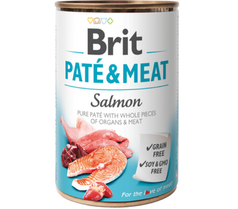 Brit Dog konz Paté & Meat Salmon 400g - paštika s lososem pro psy, bohatá na omega-3 mastné kyseliny.