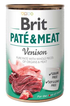 Brit Dog konz Paté & Meat Venison 400g - paštika se zvěřinou pro psy, bohatá na bílkoviny.
