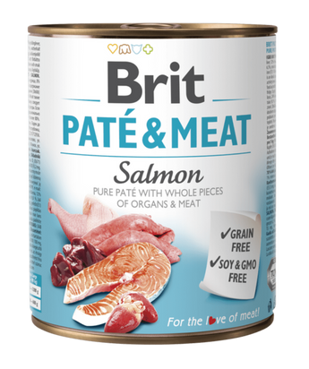Brit Dog konz Paté & Meat Salmon 800g - konzerva s lososem pro psy, podpora zdravé srsti a kůže.
