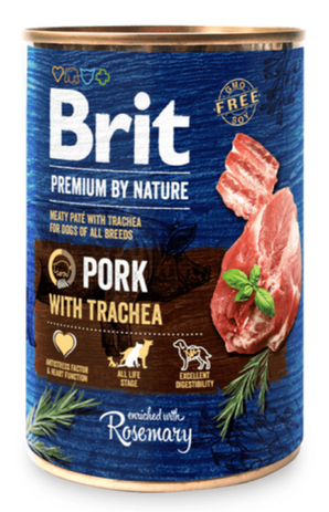 Brit Premium Dog by Nature konz Pork & Trachea 400g - vepřová konzerva s průdušnicí pro psy, podpora zdraví kloubů.