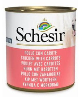 Schesir Dog konz. Adult kuře/mrkev 285g - Konzerva pro psy s kuřecím a mrkví, podporující zrak a zdraví pleti.
