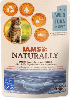 Iams Naturally tuňák v omáčce 85 g – Konzerva pro kočky s tuňákem, balení 85 g.